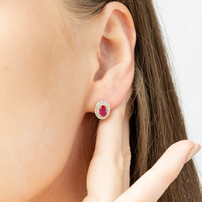 Kolczyki złote z różowym kamieniem i cyrkoniami