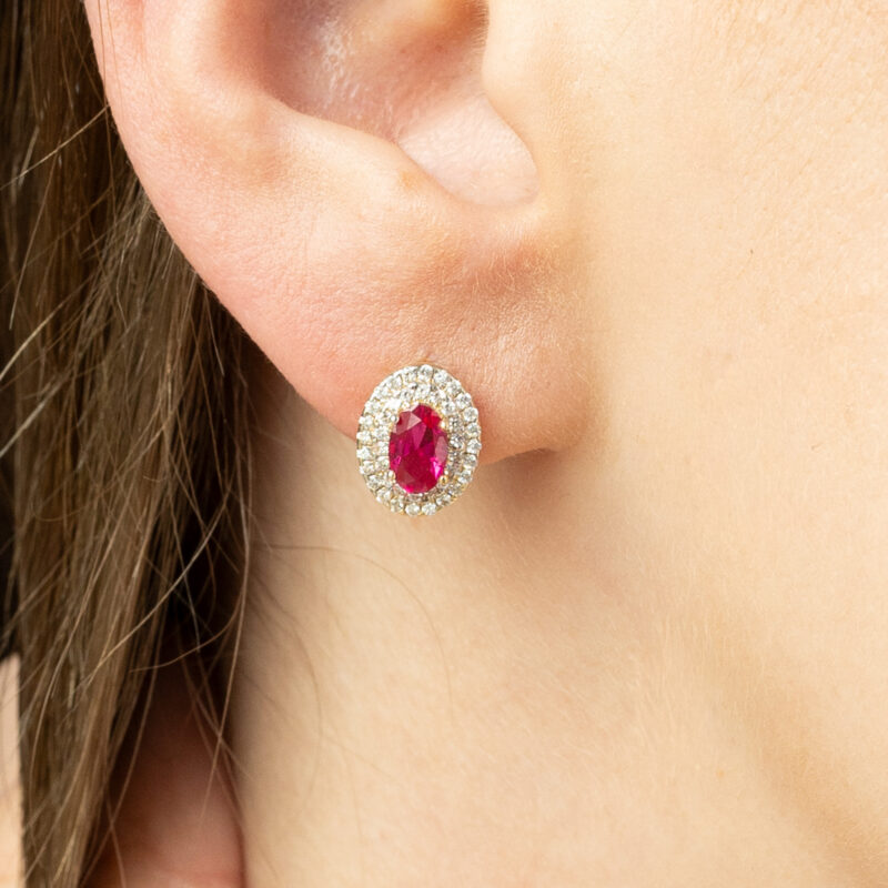 Kolczyki złote z różowym kamieniem i cyrkoniami