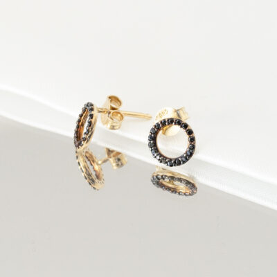 Kolczyki złote kółka z czarnymi cyrkoniami sztyfty